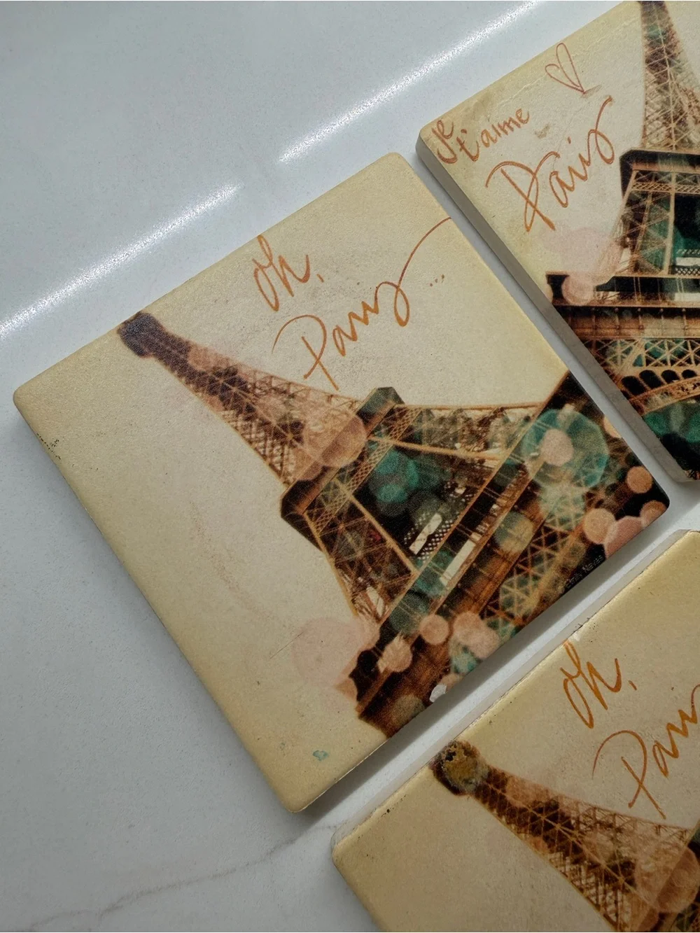 Paris Eiffel Tower Decorative Coasters Set of 4— Beige, Teal, Pink